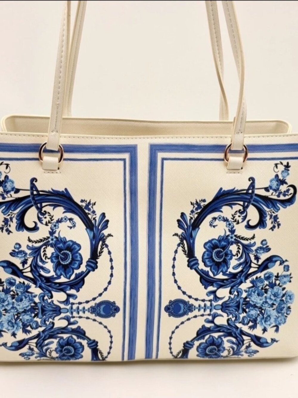 Anne Klein Lucia Midnight Blue White Floral Damask Tote Detachable Coin Purse - Picture 2 of 4